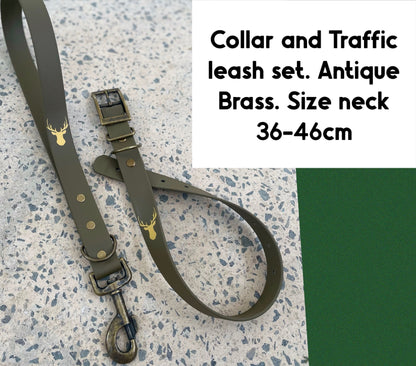 Collar and traffic leash set, Antique Brass, Biothane